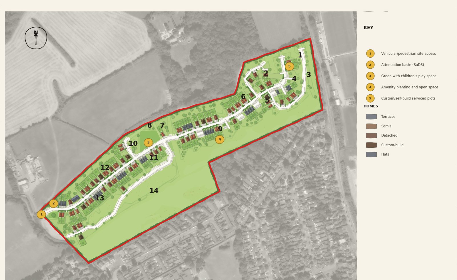 Illustrative masterplan drawn by Land Unlock's software: 119 homes in 14 parcels on a village-edge site, with streets, gardens, green space and a play area