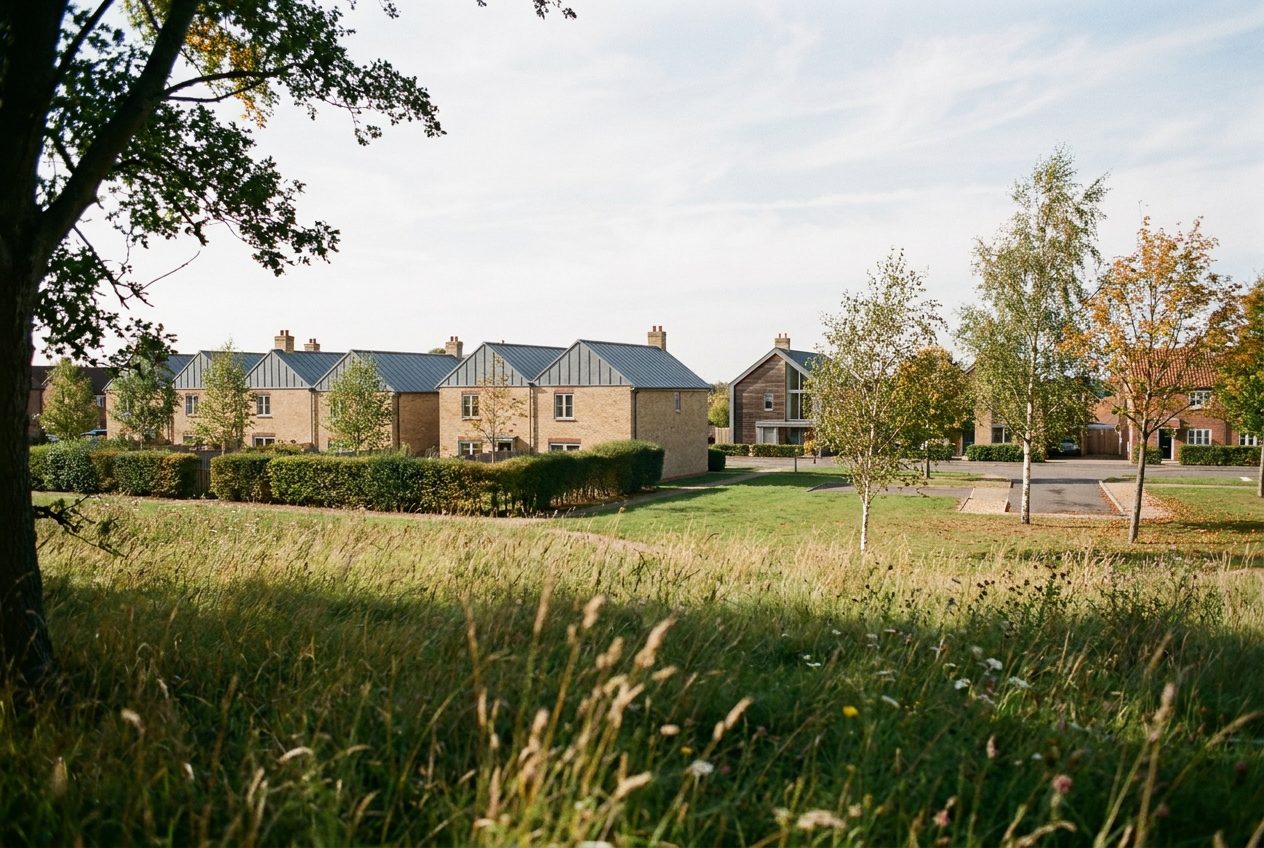 Photographic view across the scheme's wildflower meadow to a row of new homes with zinc roofs